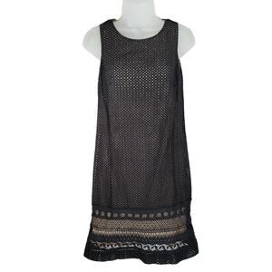 Loft Lace Mini Shift Dress 8P‎ Women Black Tan Overlay Perforated Side Zip